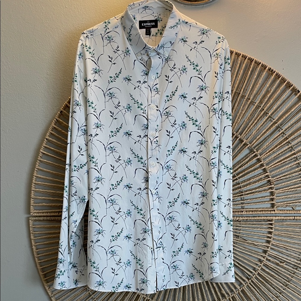 Men’s Express Perfomance Slim White Floral Button-Down Shirt Size L